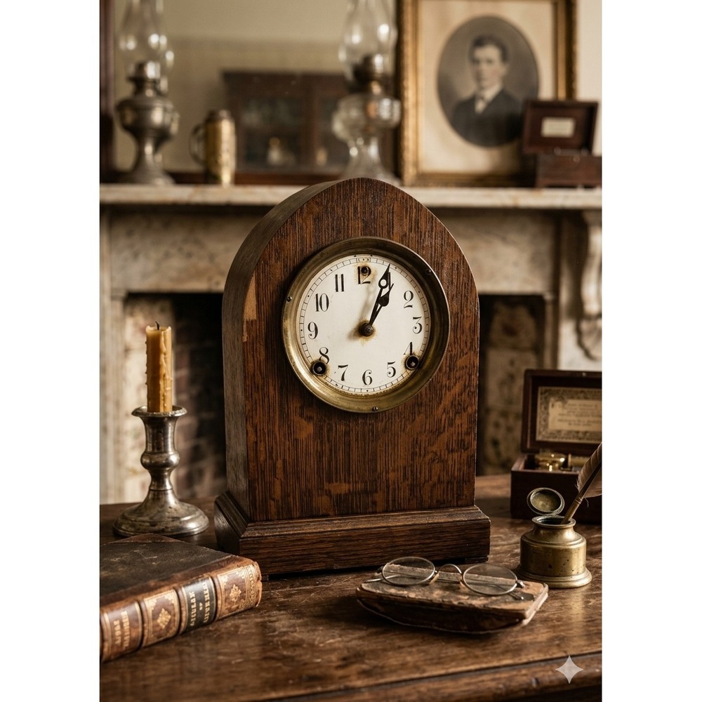 1900 Antique Sessions Clock Co Mantle Clock Forestville Conn USA Arched Oak Case